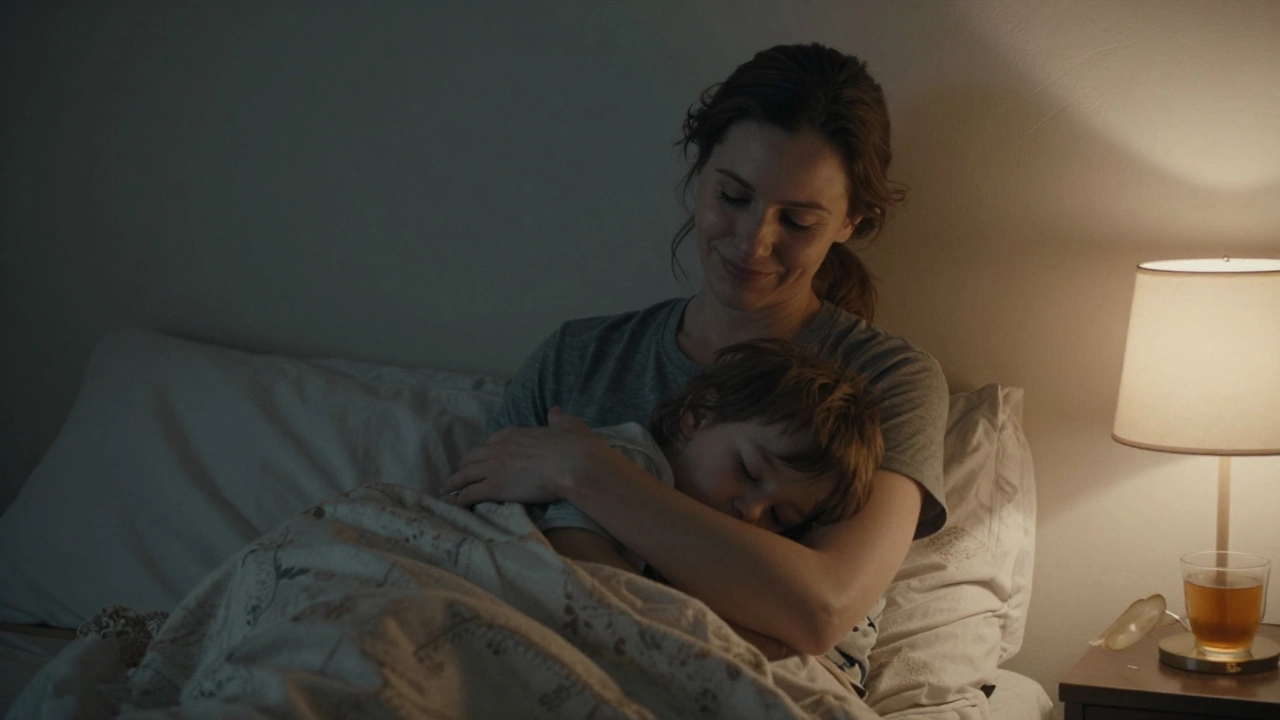 A tired mother smiles softly at her sleeping child in a dim morning bedroom.