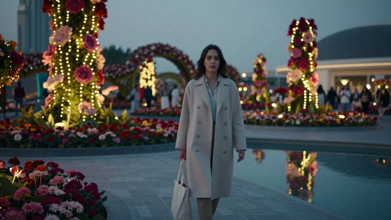 A woman walks alone through the Dubai Miracle Garden at dusk, surrounded by glowing flower sculptures.