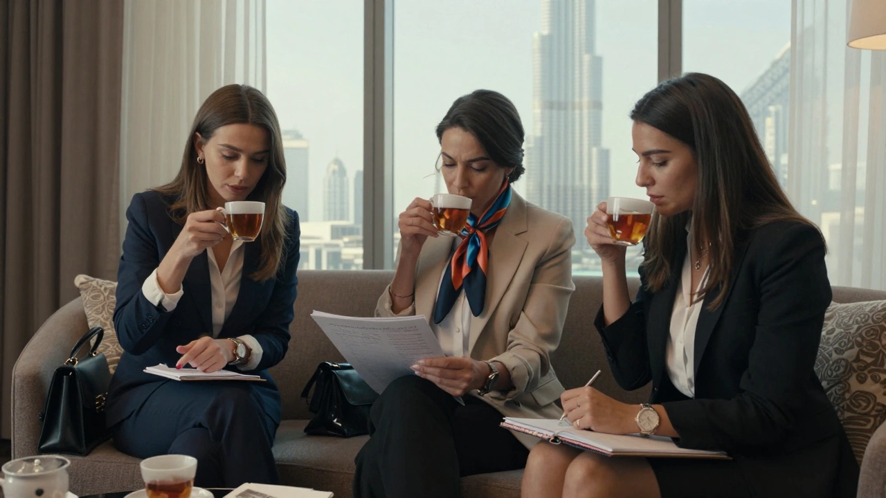 Three Eastern European women review itineraries in a private hotel lounge, dressed professionally and composed.