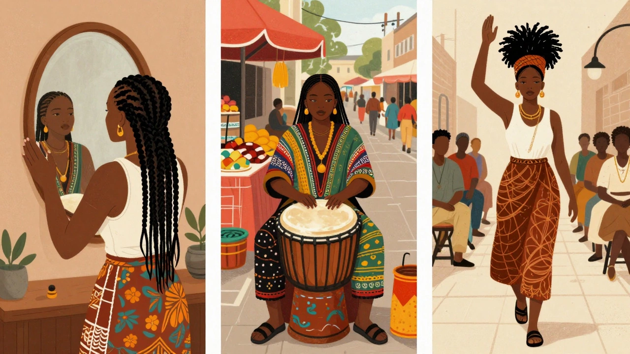 Three women from different cultures each express quiet strength through personal rituals.